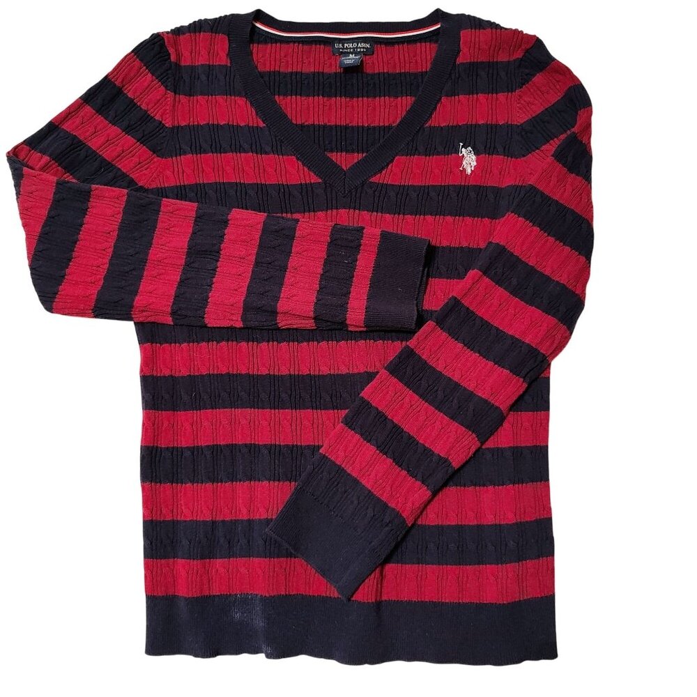 U.S. Polo Assn. Vintage Womens Medium Red & Navy Striped V-Neck Sweater